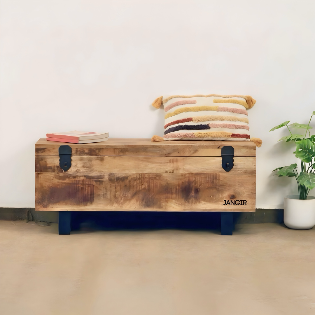 Discover the Larson Solid Wood Trunk Coffee Table, mango wood made design with ample storage. Shop wooden trunk table near you in Bangalore