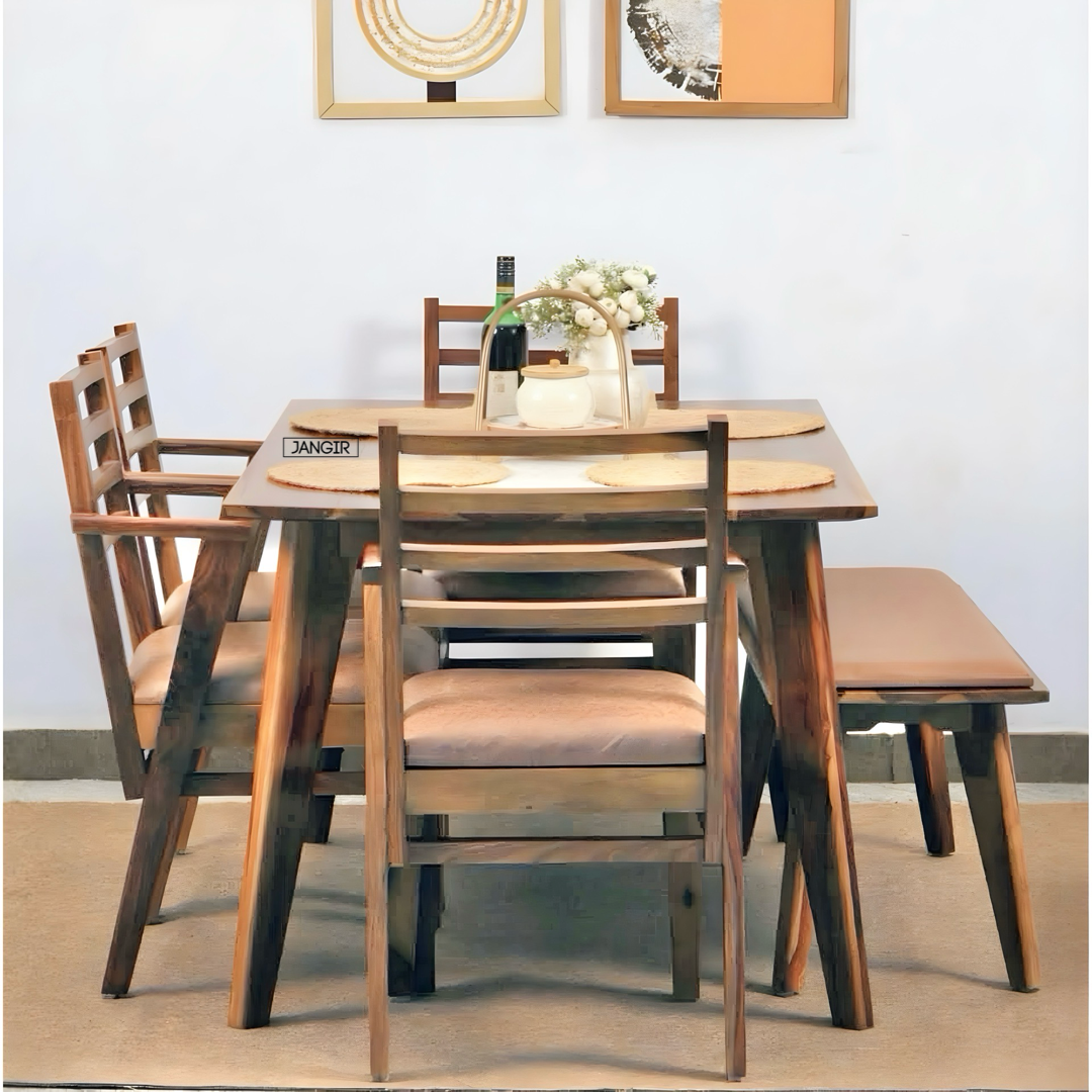 Enhance your dining room with the durable Suarez Sheesham Wood Dining Set. Buy now for style & comfort wooden dining table set near you in Bangalore