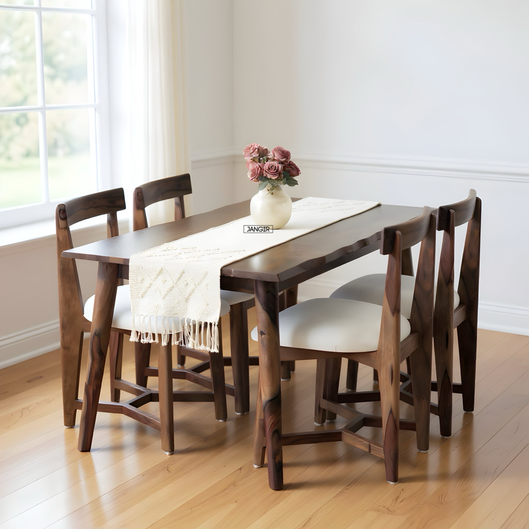 Discover our Darker Live Edge Dining Table Set, Sheesham Wood made. Shop durable and modern wooden dining table set for your dining room near you in Bangalore