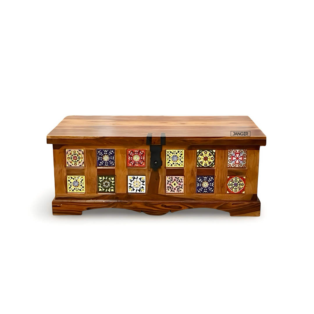 Discover the Sheesham Wood Coffee Table with tile accents—durable, stylish storage. Enhance your living space today. Shop near you in Bangalore