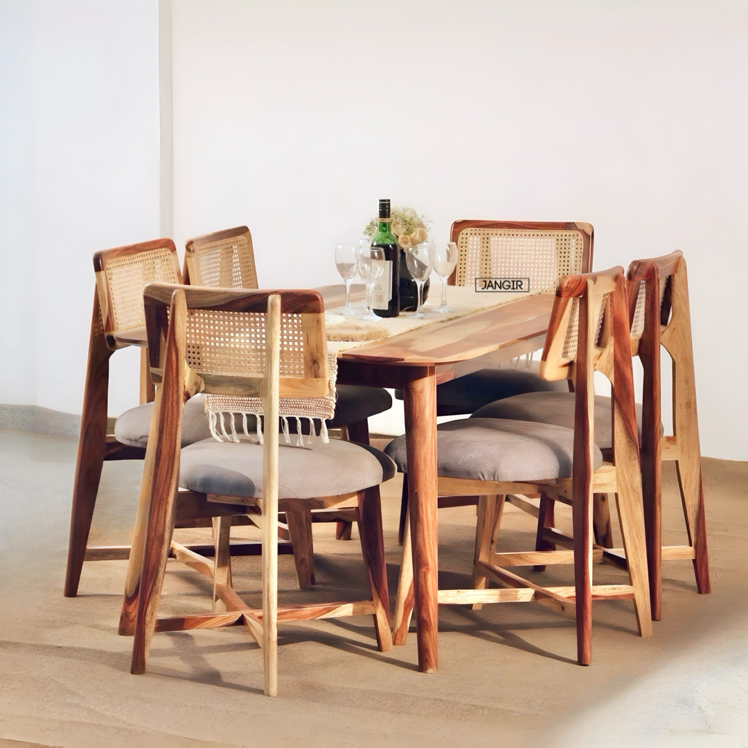 Enhance your dining area with the sophisticated Reaper Sheesham Wood Dining Set featuring cane chairs. Order today for premium quality dining table near you!