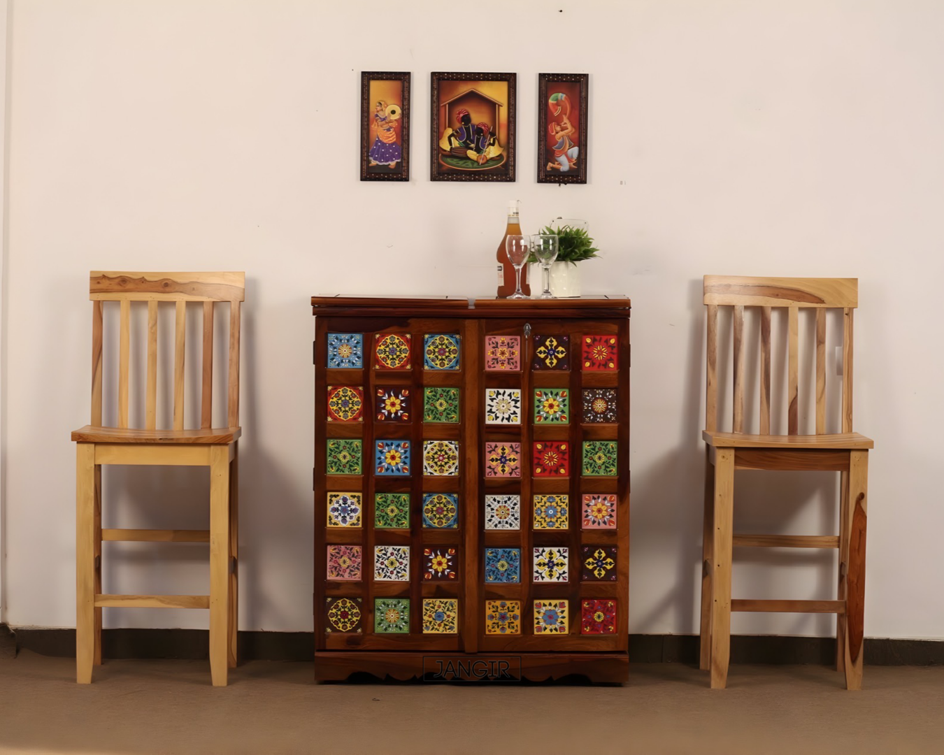 Elevate your home bar with a stunning Tiles Bar Cabinet featuring traditional tiles design, made with sheesham wood. Upgrade your space now, buy now near you in Bangalore !