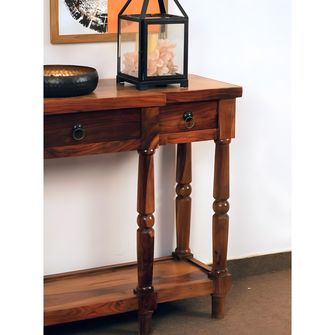 Transform your living room with our Rustic Solid Wood Console Table with drawers. Made from sheesham wood, custom rustic finish options that enhances any home.