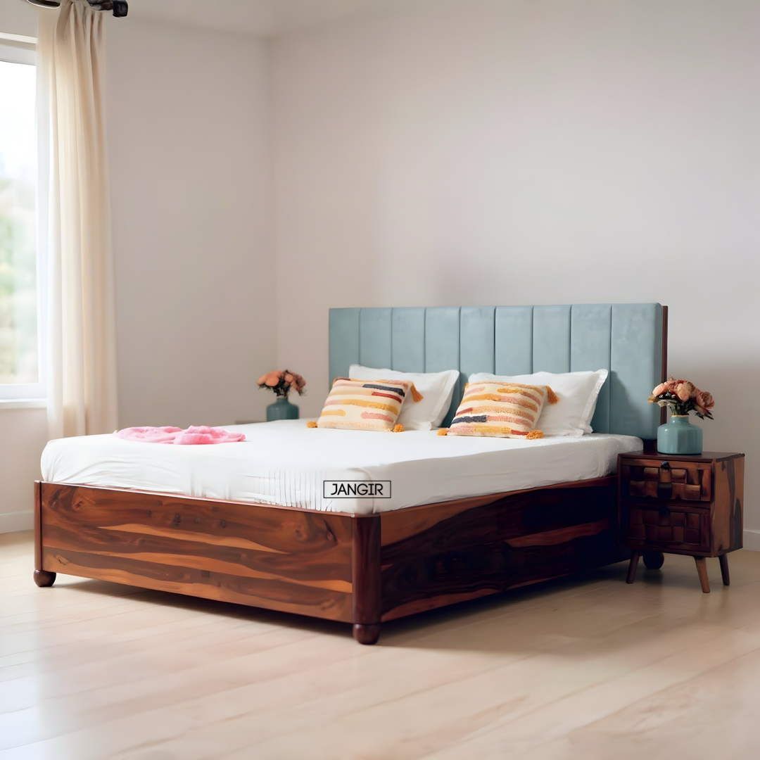 Upgrade your space with solid sheesham wood made Edge less storage bed. Buy king & queen size premium upholstery headboard wooden bed near you in Bangalore!