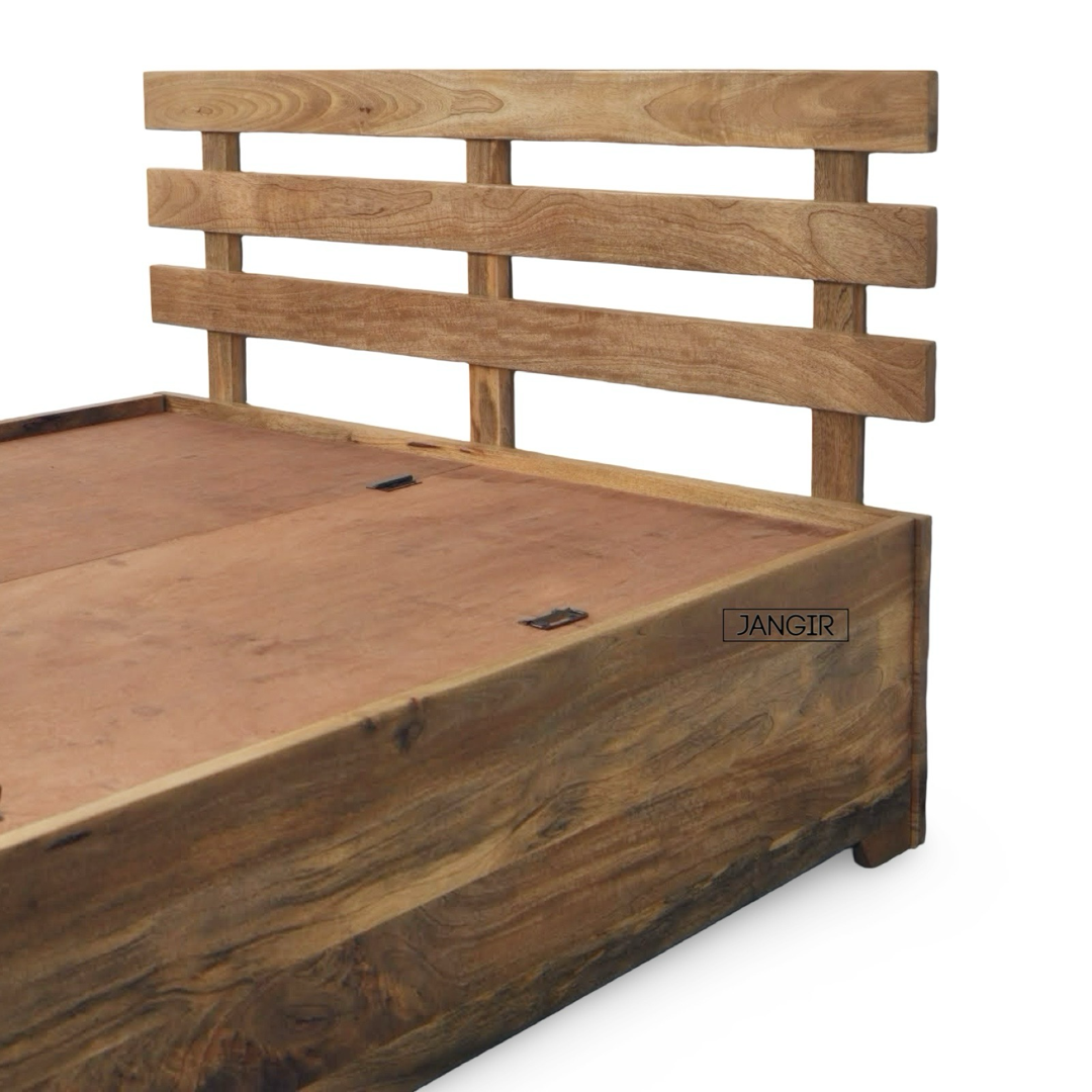 Elevate your bedroom with Sleeper solid wood storage bed, mango Wood made. Shop King and queen size modern affordable Wooden Beds near you in Bangalore today!