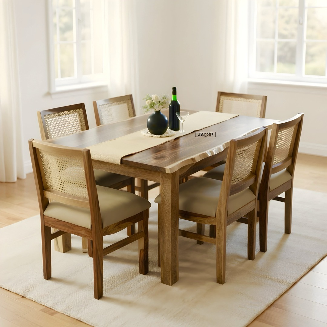 Upgrade your dining with Maakya Live Edge Table with cane chair, made from A Grade Sheesham wood. Buy modern and stylish live edge table near you in Bangalore!