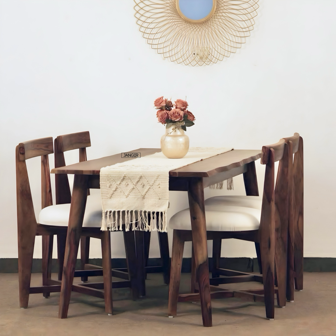 Discover our Darker Live Edge Dining Table Set, Sheesham Wood made. Shop durable and modern wooden dining table set for your dining room near you in Bangalore