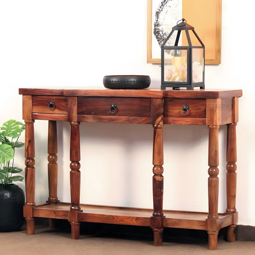 Transform your living room with our Rustic Solid Wood Console Table with drawers. Made from sheesham wood, custom rustic finish options that enhances any home.