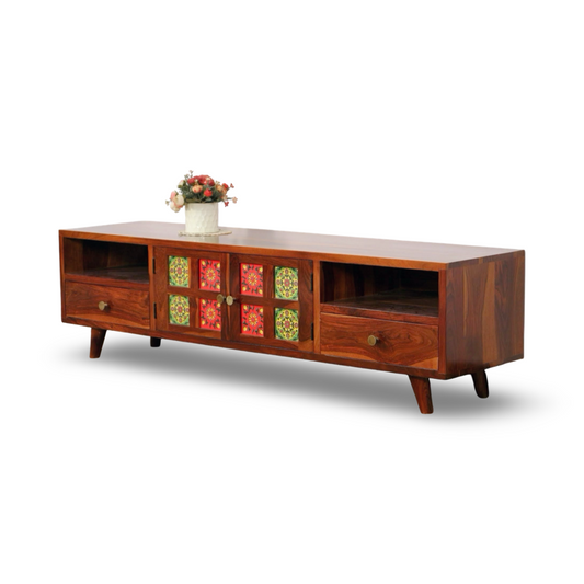 Upgrade your living room with Tiles solid wood TV Unit, sheesham Wood made. Buy Traditional tiles design, durable quality wooden TV Unit near you in Bangalore!