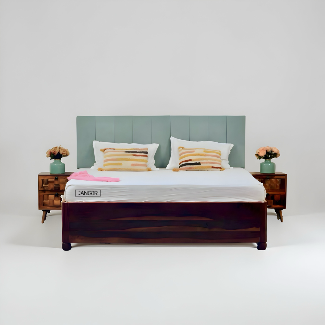 Upgrade your space with solid sheesham wood made Edge less storage bed. Buy king & queen size premium upholstery headboard wooden bed near you in Bangalore!