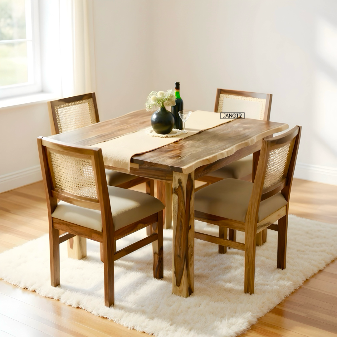 Upgrade your dining with Maakya Live Edge Table with cane chair, made from A Grade Sheesham wood. Buy modern and stylish live edge table near you in Bangalore!