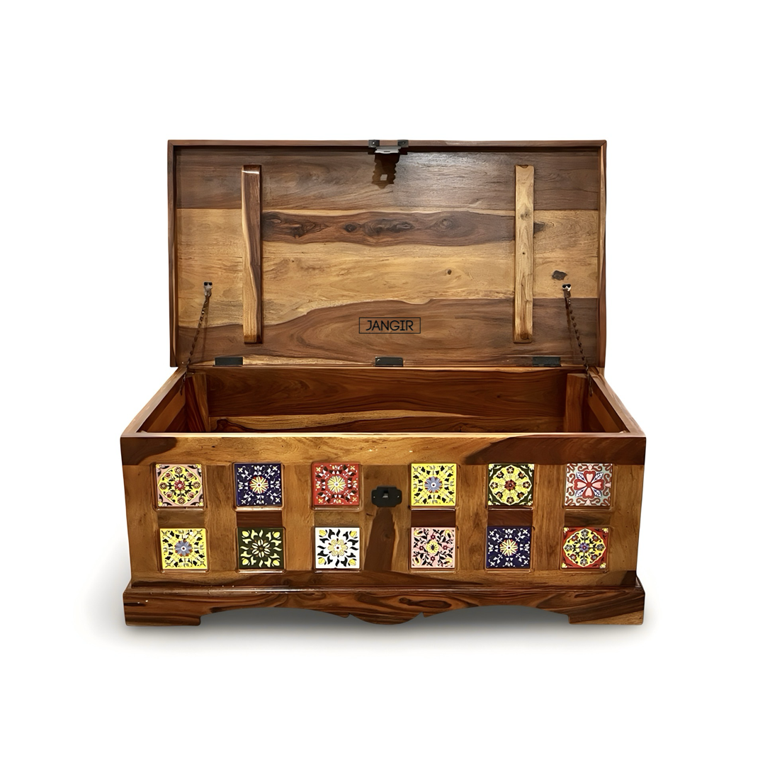 Discover the Sheesham Wood Coffee Table with tile accents—durable, stylish storage. Enhance your living space today. Shop near you in Bangalore