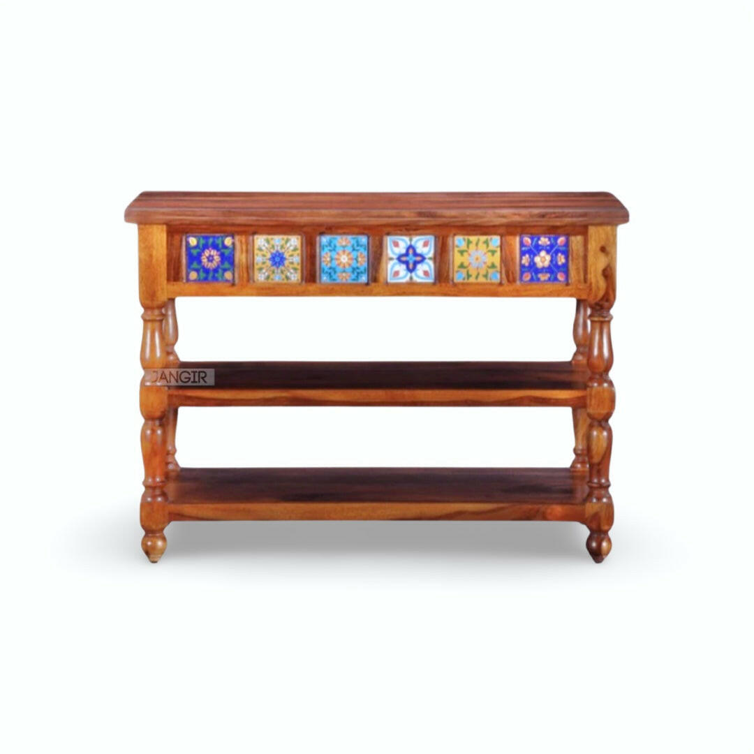 Enhance your hallway with our exquisite console table crafted from sheesham wood! This stunning entryway table with traditional Rajasthani tiles style, perfect for your foyer. Explore our collection.
