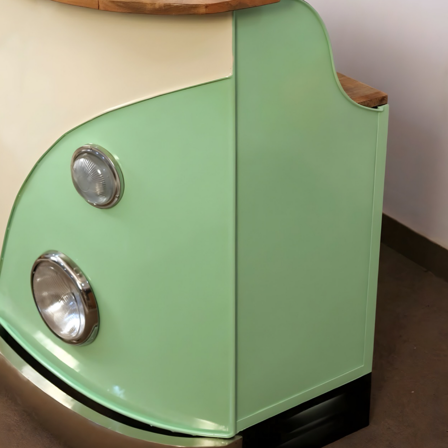 Elevate your home bar, reception or pub space with a unique and durable Vintage Volkswagen counter made from solid wood and metal. Perfect for entertaining guests, shop now!