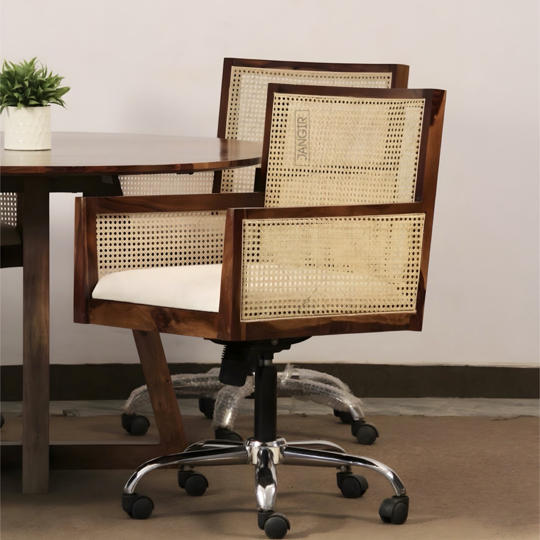 Enhance your workspace with our Cane Office Chair, made with sheesham wood and natural Cane. This Wooden office or revolving chair Designed for durability and comfort. Buy today !