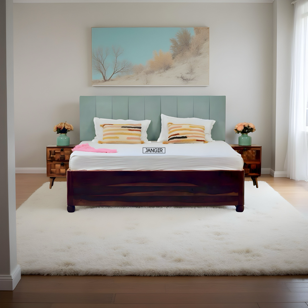 Upgrade your space with solid sheesham wood made Edge less storage bed. Buy king & queen size premium upholstery headboard wooden bed near you in Bangalore!