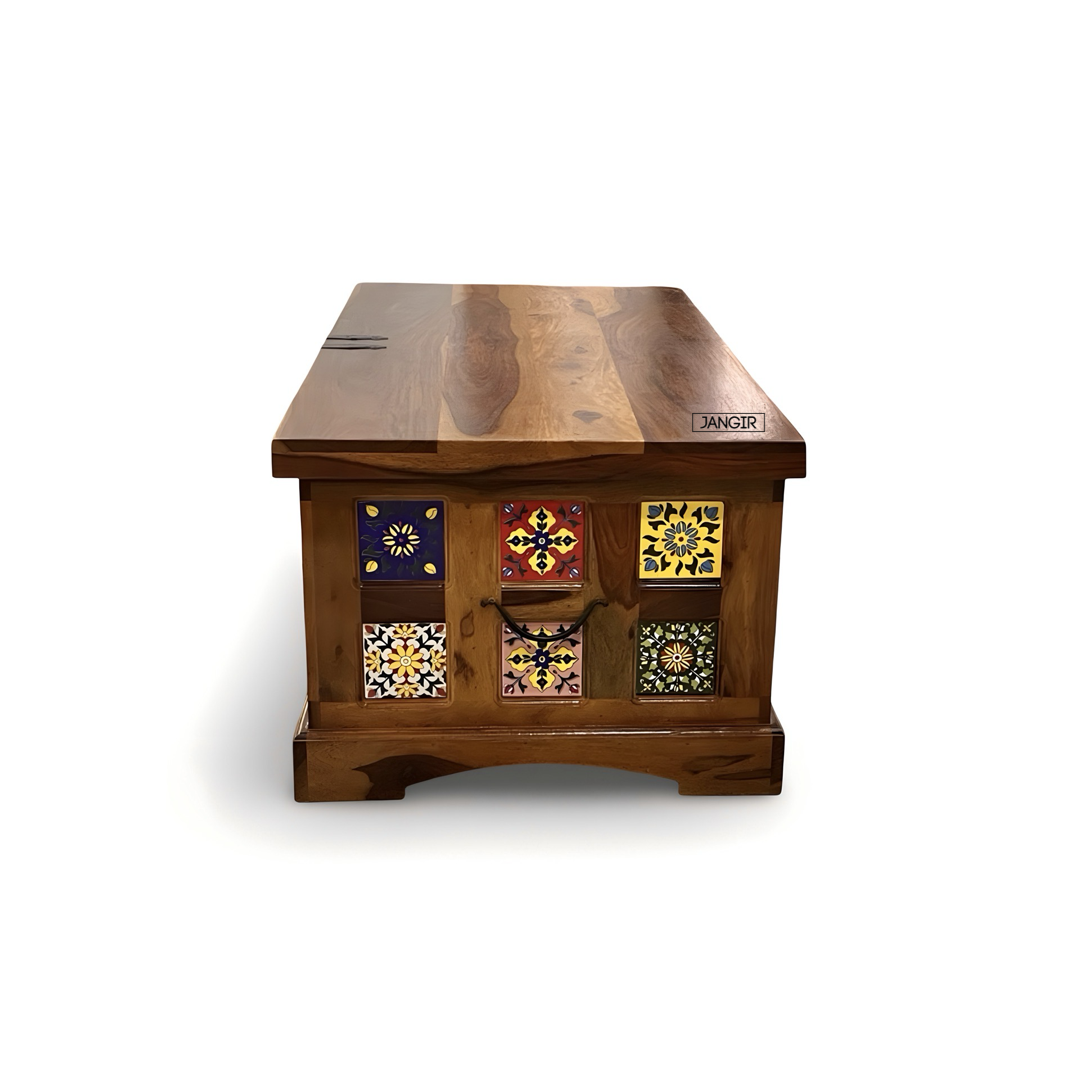 Discover the Sheesham Wood Coffee Table with tile accents—durable, stylish storage. Enhance your living space today. Shop near you in Bangalore