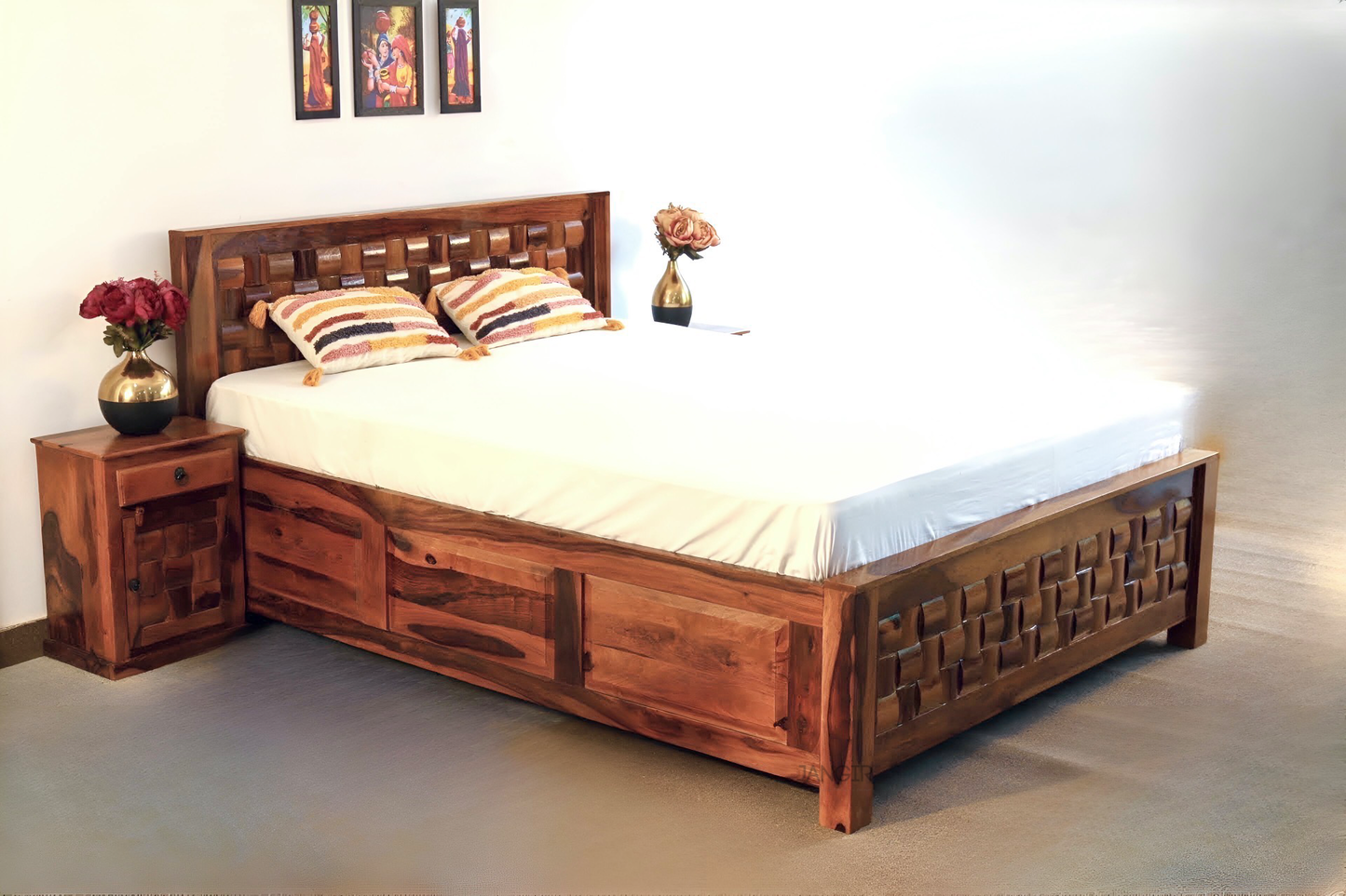 Upgrade your bedroom with our Niwar Solid Wood Storage Bed, crafted from sheesham wood. Shop King And Queen Size options of Wooden Double bed with Storage in bangalore today !