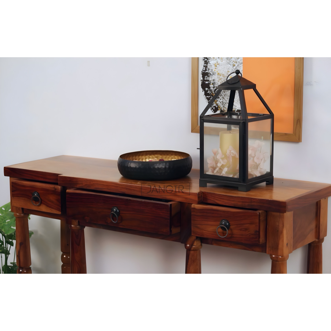 Transform your living room with our Rustic Solid Wood Console Table with drawers. Made from sheesham wood, custom rustic finish options that enhances any home.