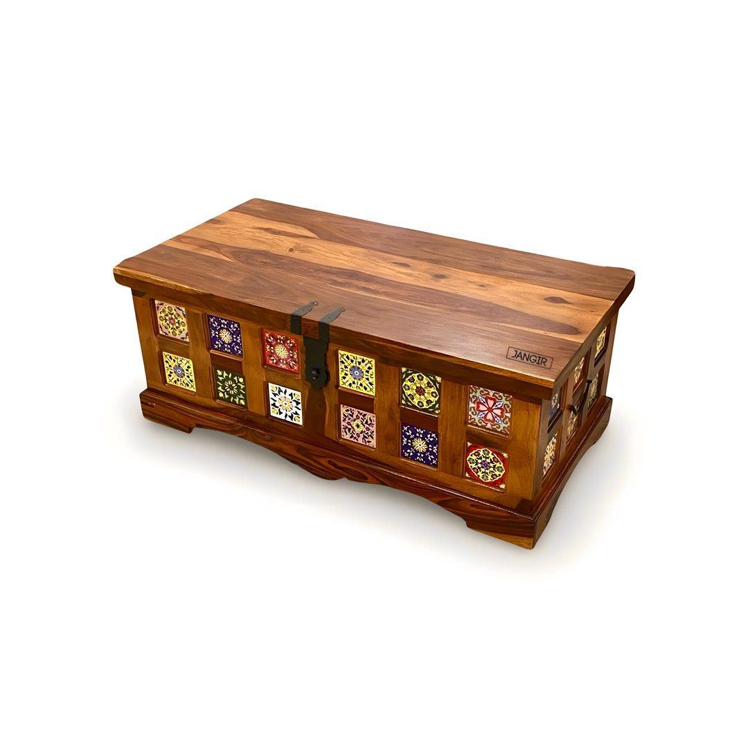 Discover the Sheesham Wood Coffee Table with tile accents—durable, stylish storage. Enhance your living space today. Shop near you in Bangalore