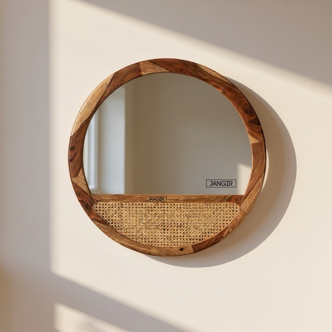 Brighten your space with sheesham wood and natural cane made round Mailla Cane Wall Mirror. Buy decorative wall mirror near you in Bangalore for home décor!
