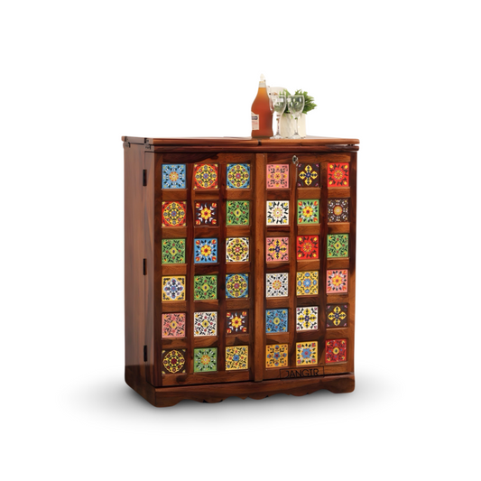 Elevate your home bar with a stunning Tiles Bar Cabinet featuring traditional tiles design, made with sheesham wood. Upgrade your space now, buy now near you in Bangalore !
