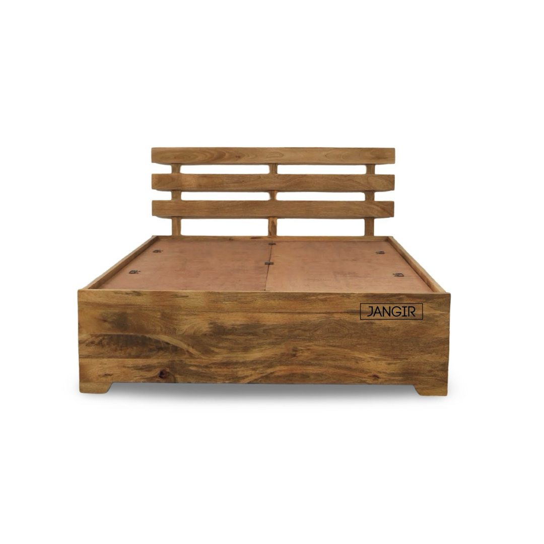 Elevate your bedroom with Sleeper solid wood storage bed, mango Wood made. Shop King and queen size modern affordable Wooden Beds near you in Bangalore today!