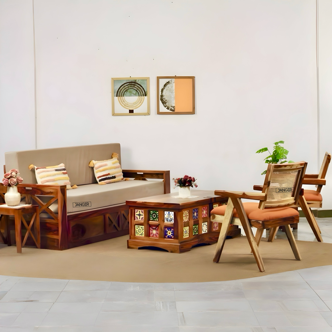 Discover the Sheesham Wood Coffee Table with tile accents—durable, stylish storage. Enhance your living space today. Shop near you in Bangalore