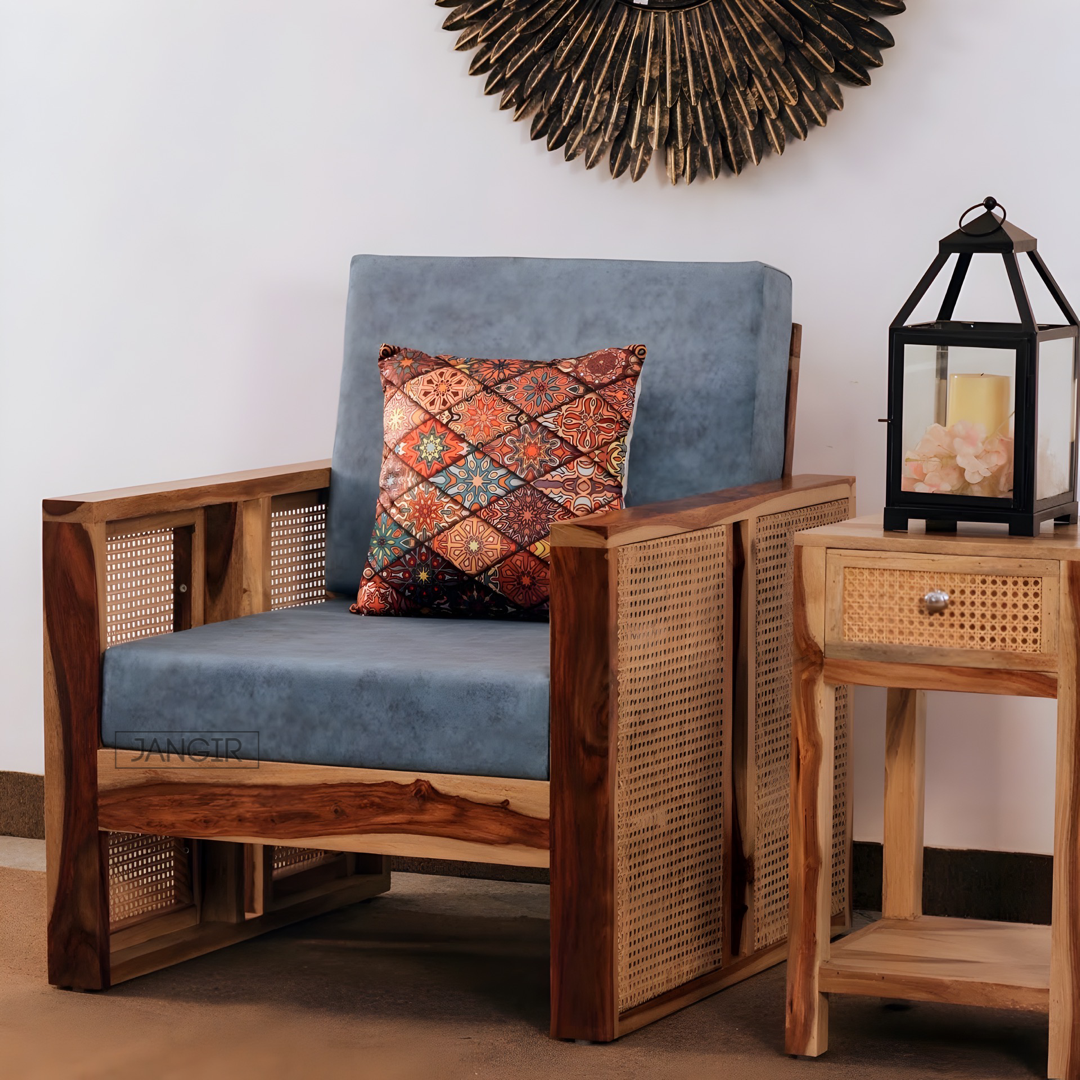 Transform your home with our natural cane solid wood sofa set, crafted from sheesham wood and upholstered in premium fabric, experience utmost relaxation in this Cane Sofa in Bangalore