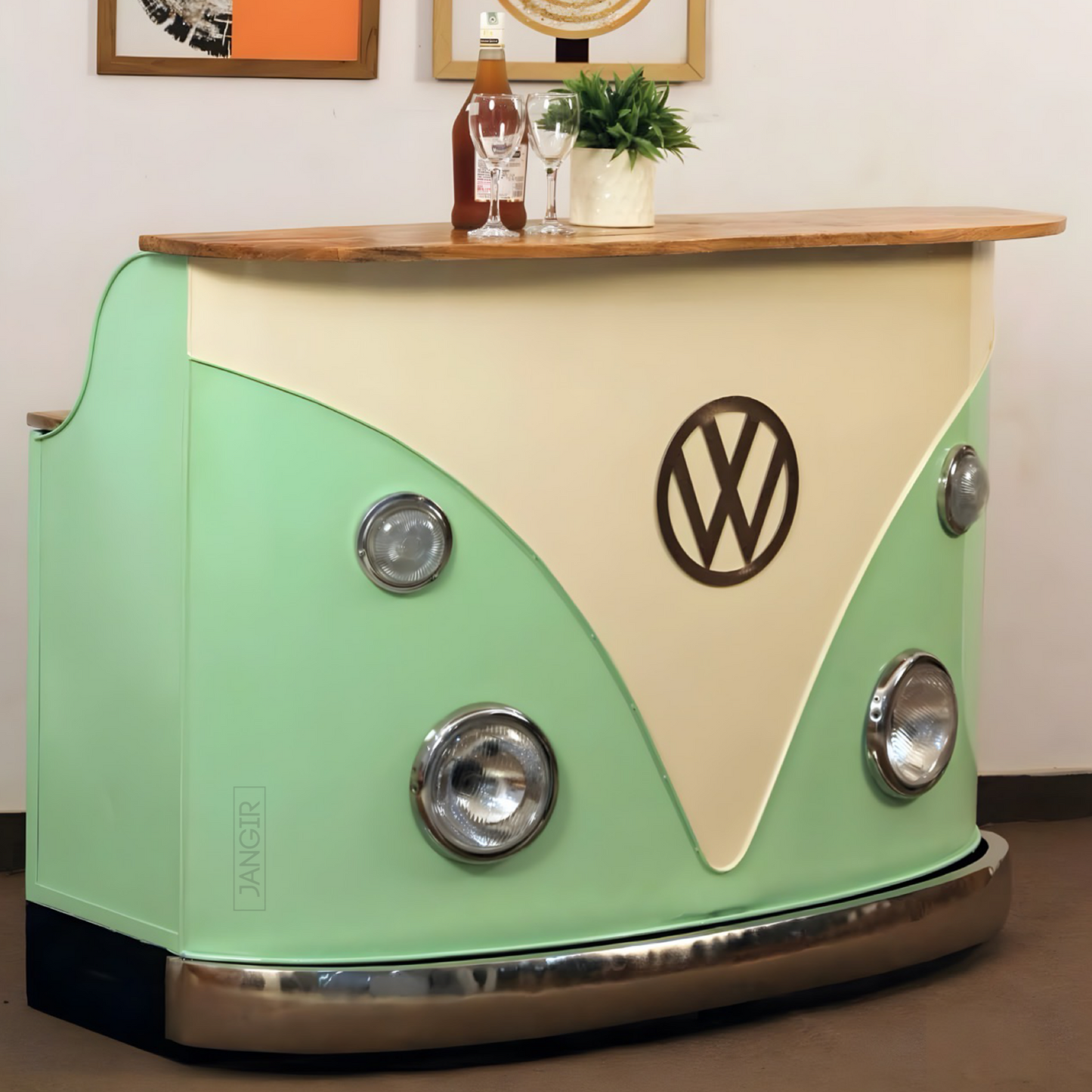 Elevate your home bar, reception or pub space with a unique and durable Vintage Volkswagen counter made from solid wood and metal. Perfect for entertaining guests, shop now!