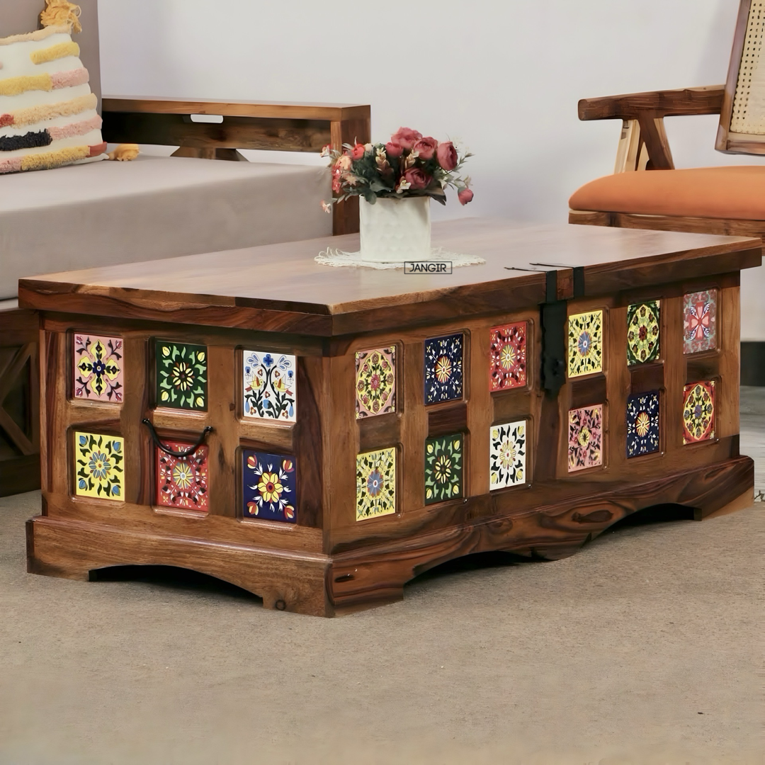 Discover the Sheesham Wood Coffee Table with tile accents—durable, stylish storage. Enhance your living space today. Shop near you in Bangalore