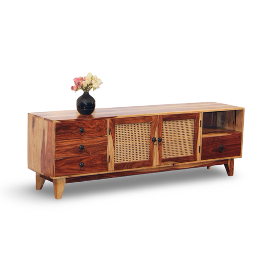 enhance your TV area with our Halter Cane Weaved TV Unit, sheesham wood made. Shop Wooden Wicker / rattan entertainment unit, TV Stand near you in Bangalore