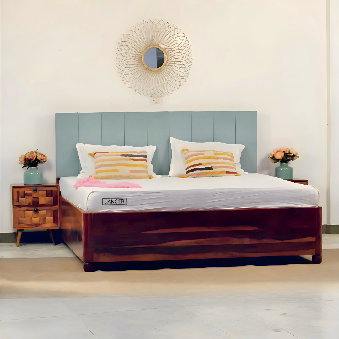 Upgrade your space with solid sheesham wood made Edge less storage bed. Buy king & queen size premium upholstery headboard wooden bed near you in Bangalore!