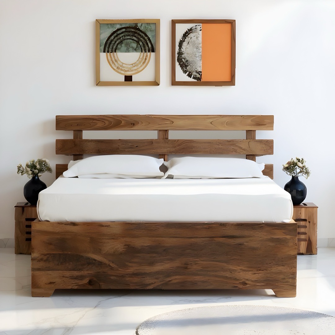 Elevate your bedroom with Sleeper solid wood storage bed, mango Wood made. Shop King and queen size modern affordable Wooden Beds near you in Bangalore today!