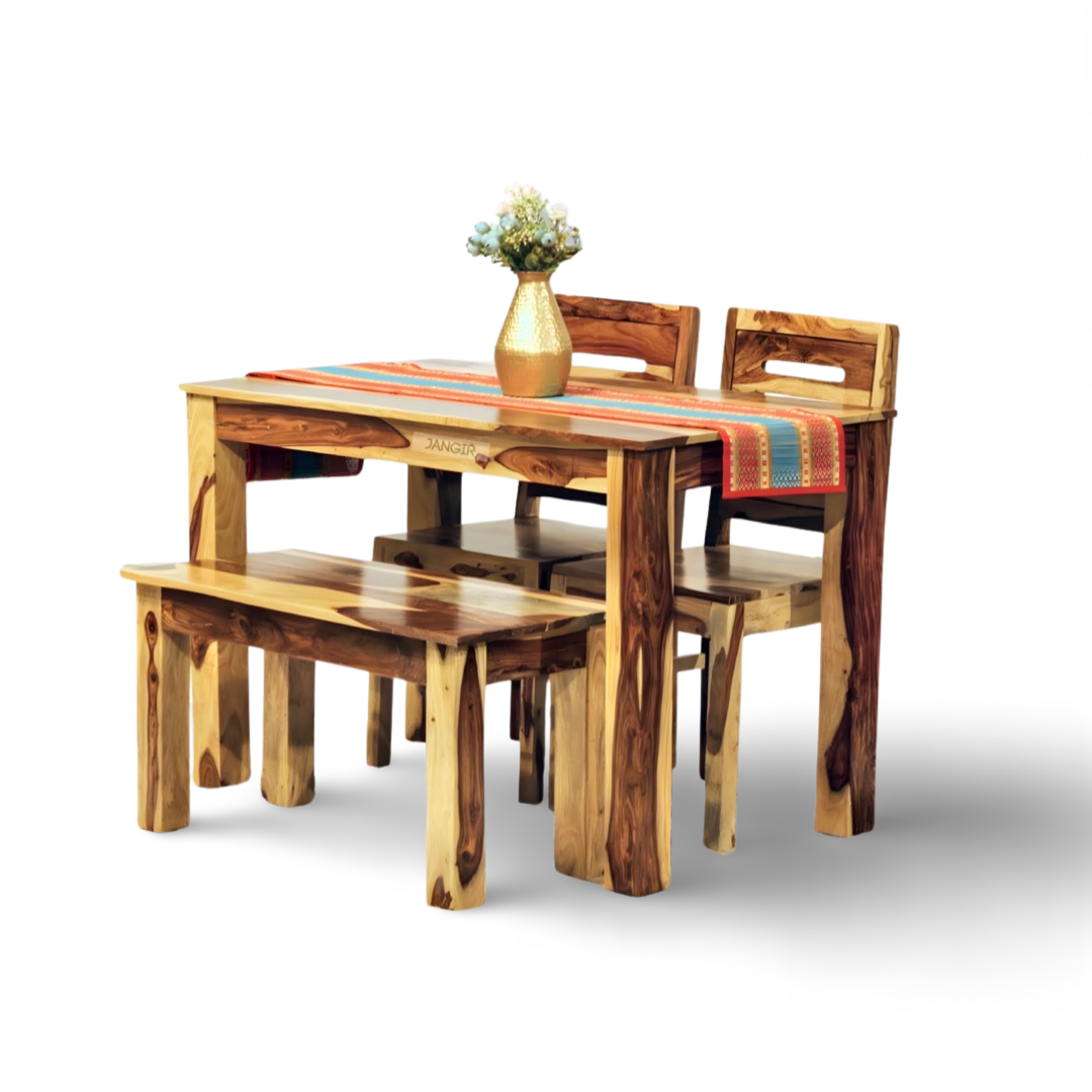 Elevate your dining room with our Apple Solid Wood Dining Table Set  with bench, made with sheesham wood. Buy lowest price four seater dining table in Bangalore