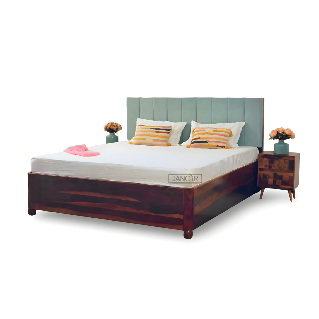 Upgrade your space with solid sheesham wood made Edge less storage bed. Buy king & queen size premium upholstery headboard wooden bed near you in Bangalore!