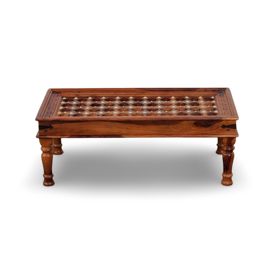 elevate your home with our Antique Carved Door Solid Wood Coffee Table with Vintage style Rajasthani Brass work and stunning carved door style. Upgrade your living room with our center table now !