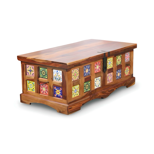 Discover the Sheesham Wood Coffee Table with tile accents—durable, stylish storage. Enhance your living space today. Shop near you in Bangalore