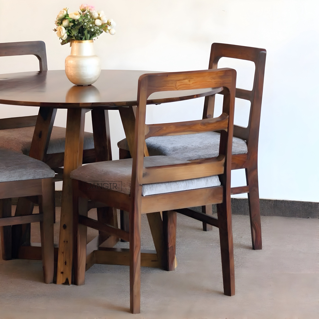 Upgrade your dining experience with Stear Round Dining Table Set made from sheesham wood, ensure durability and modern style with this four seater dining table set. Elevate your dining room now.