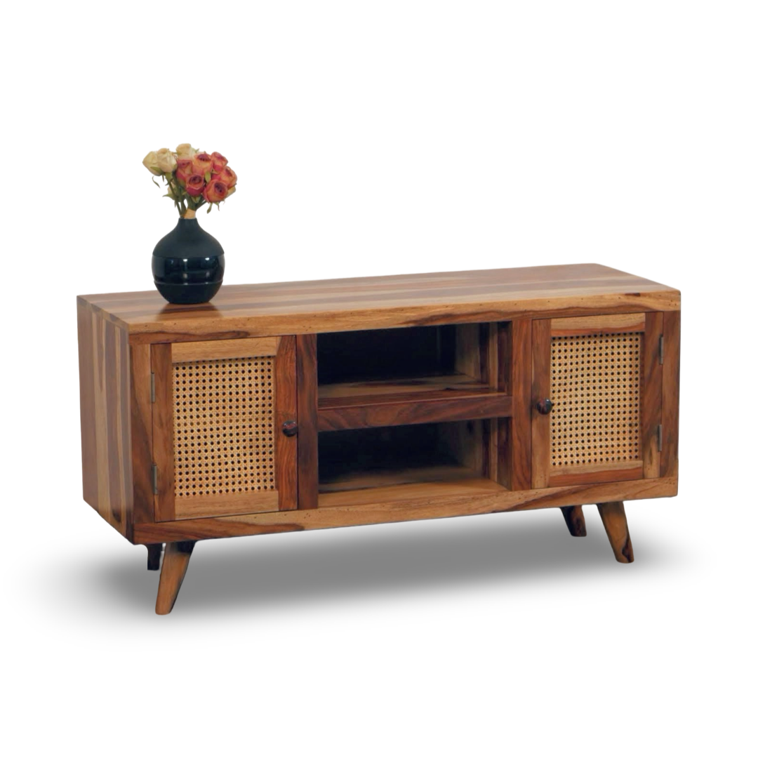 Elevate your home with our Sapphire Cane Weaved TV Unit, sheesham wood made. Shop Wooden rattan / wicker TV Stand near you in Bangalore