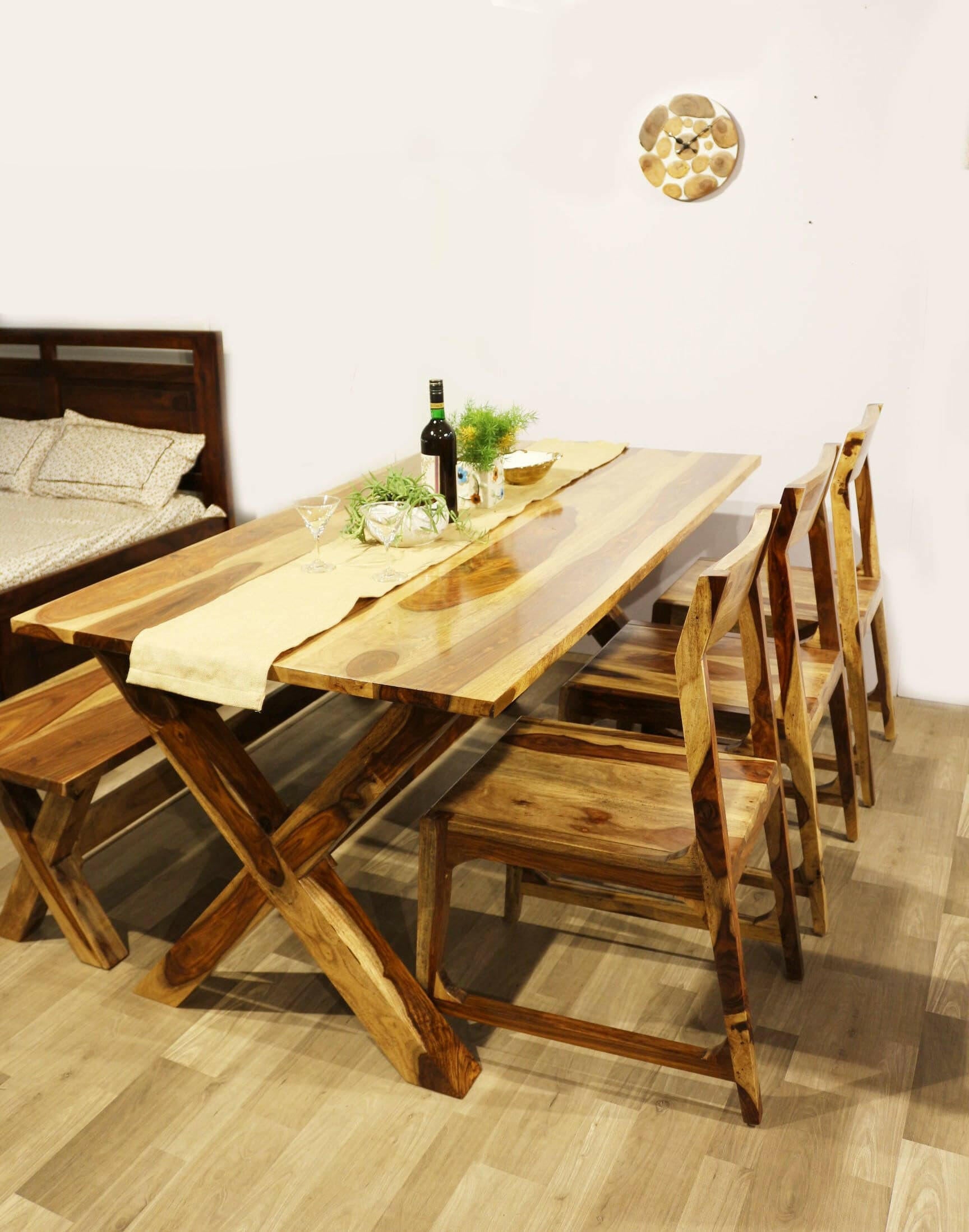 Looking for a space saving and stylish six-seater dining set with bench? Browse through our exquisite  dining table set options available in-store at Bangalore or shop online now.