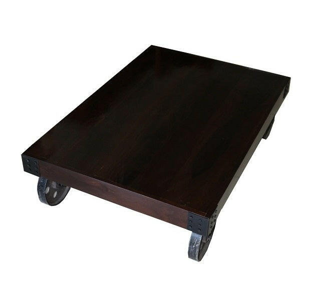 Enhance your living space with our stylish industrial coffee table with wheels, crafted from Sheesham wood and accented by sturdy metal wheel legs. Explore now for a touch of rustic charm!