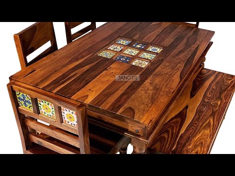 Tiles Solid Wood Dining Set! This beautiful traditional dining set features an intricately designed top tiles  made from solid sheesham wood for a long-lasting and stylish addition to your kitchen or dining room. Its Rajasthani-style design makes it perfect for adding a touch of sophistication to any area. With four chairs and one bench or six chairs 