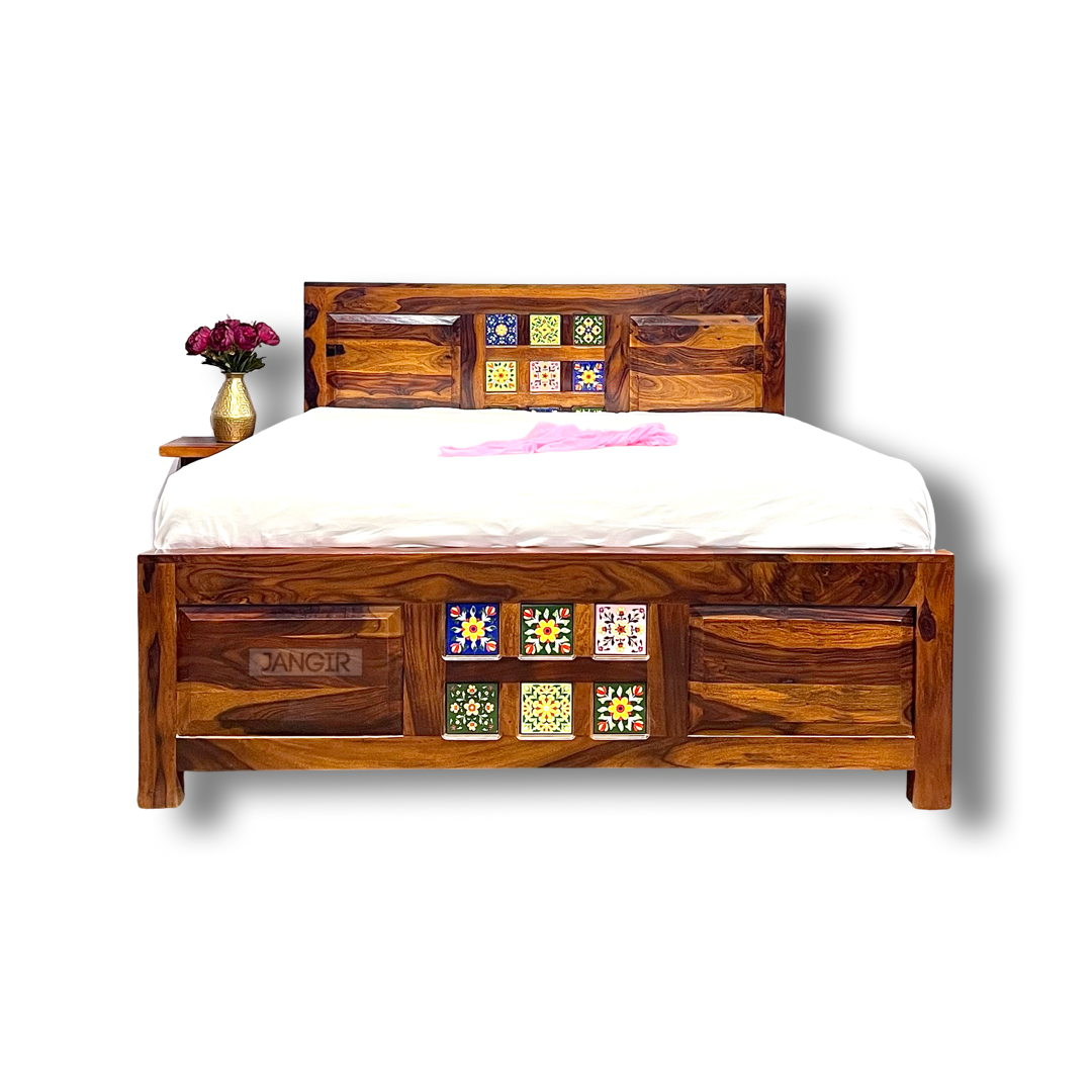 "Transform your bedroom with our exquisite collection of Tiles Plane Solid Wood Storage Bed, with traditional Rajasthani tile designs while experiencing true comfort in king or queen size variants.