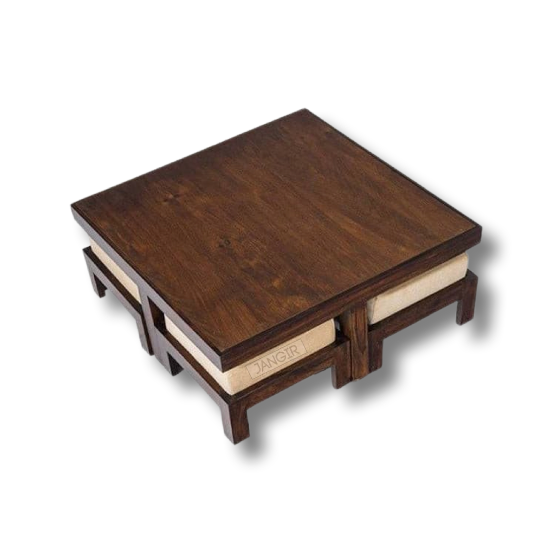 Village Solid Wood Coffee Table with stools