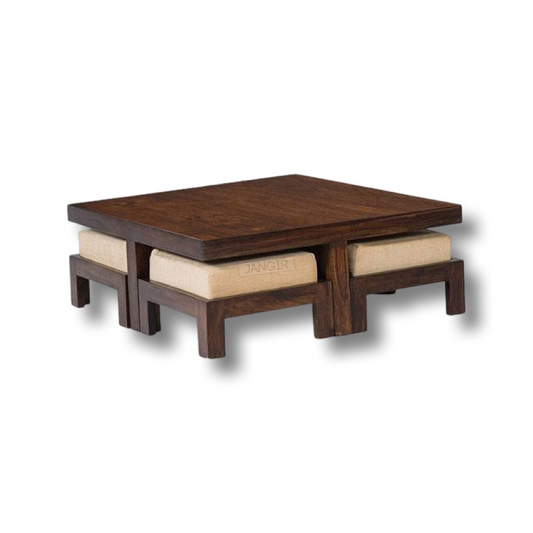 Village Solid Wood Coffee Table with stools